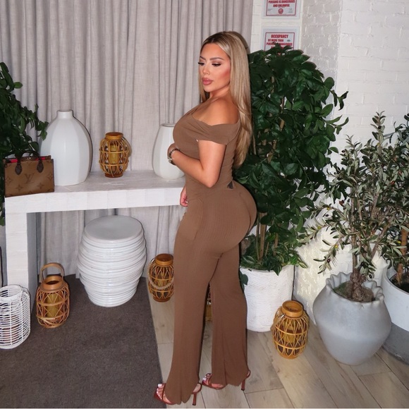 Fashion Nova Pants - Fashion Nova Off-Shoulder Brown Jumpsuit
